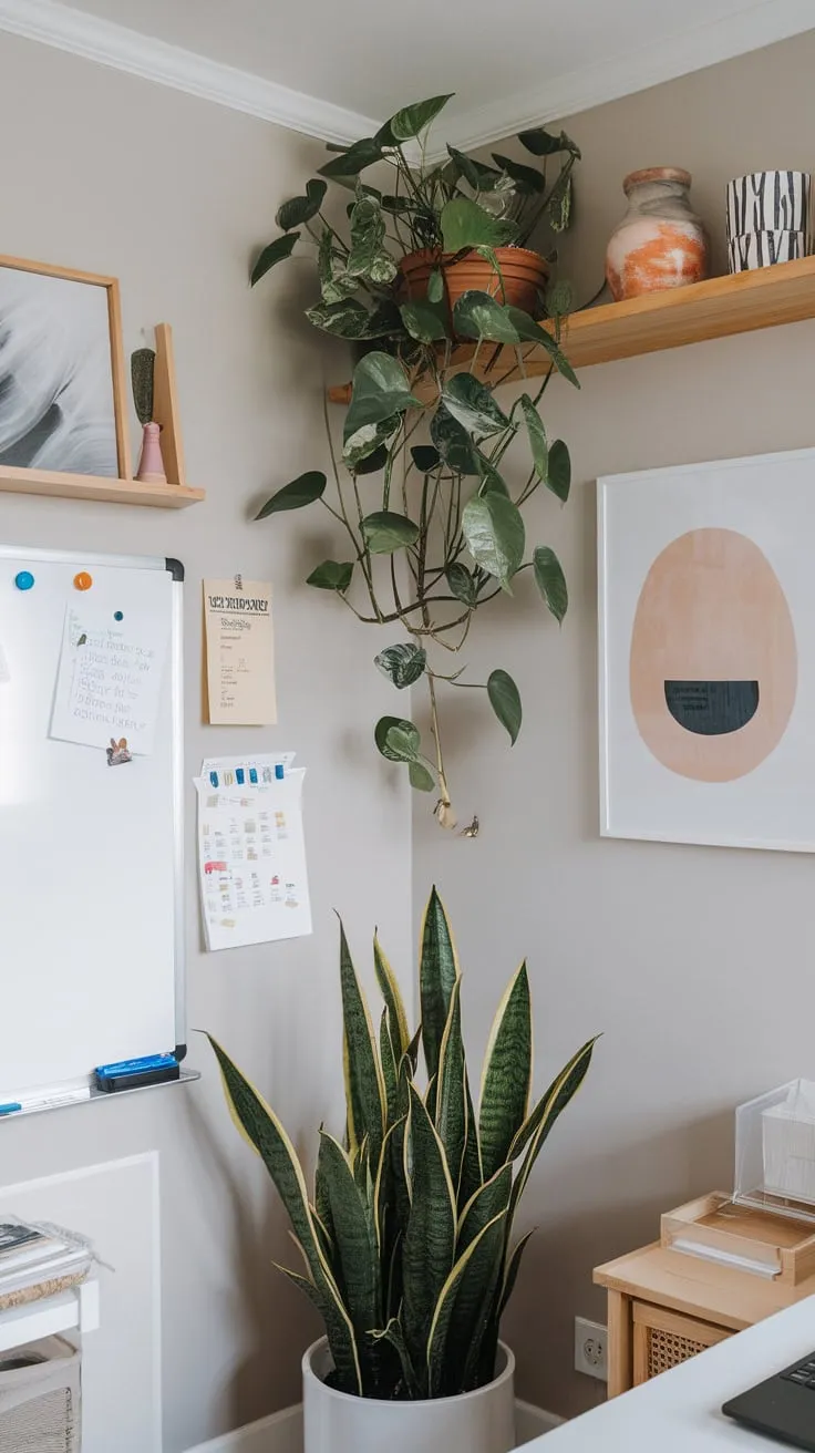 A professional yet inviting home office backdrop features a calming grey wall, accented by greenery, personal touches, and functional elements.