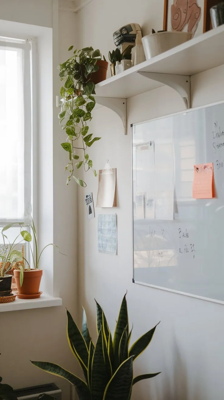A bright home office boasts a professional background wall featuring a whiteboard, shelves with plants and decor, creating a productive workspace.