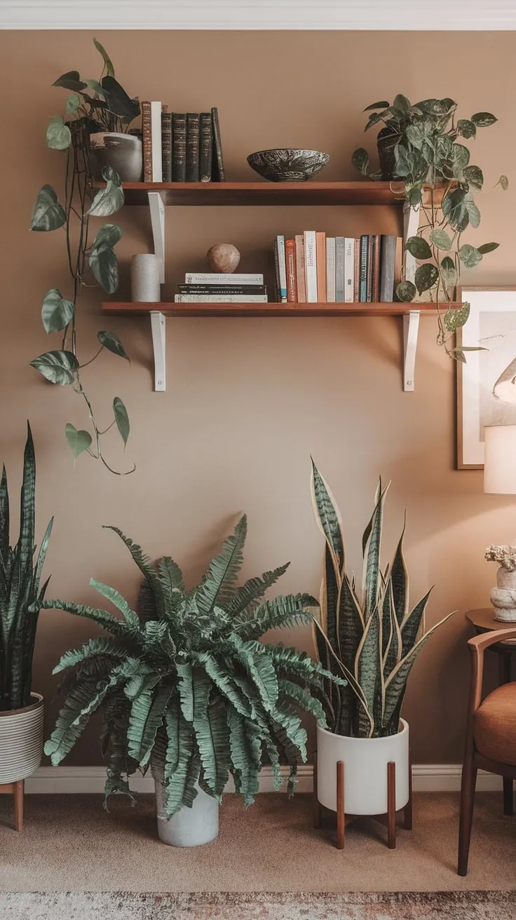 Beige wood paneling, complemented by plants and books, forms a sophisticated and welcoming backdrop for a productive home office.