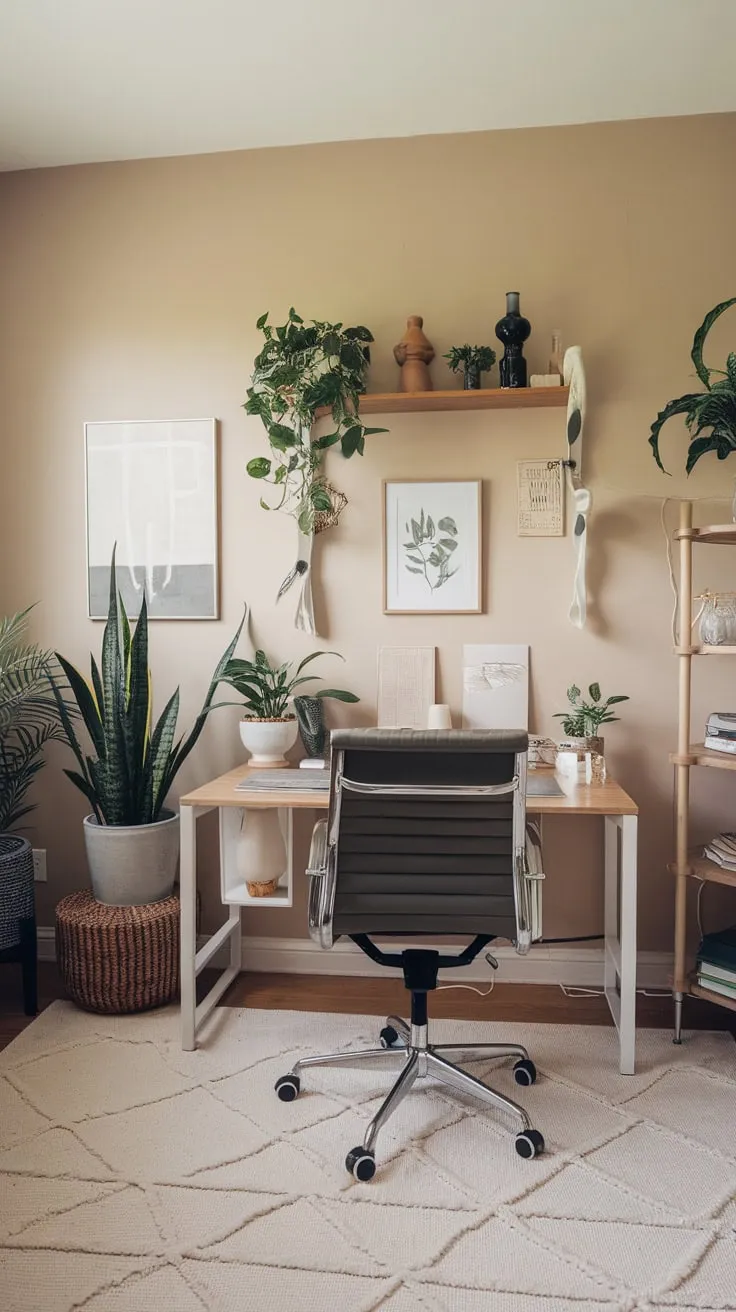 A bright beige wall provides a serene backdrop for a productive home office, enhanced by plants and tasteful décor.