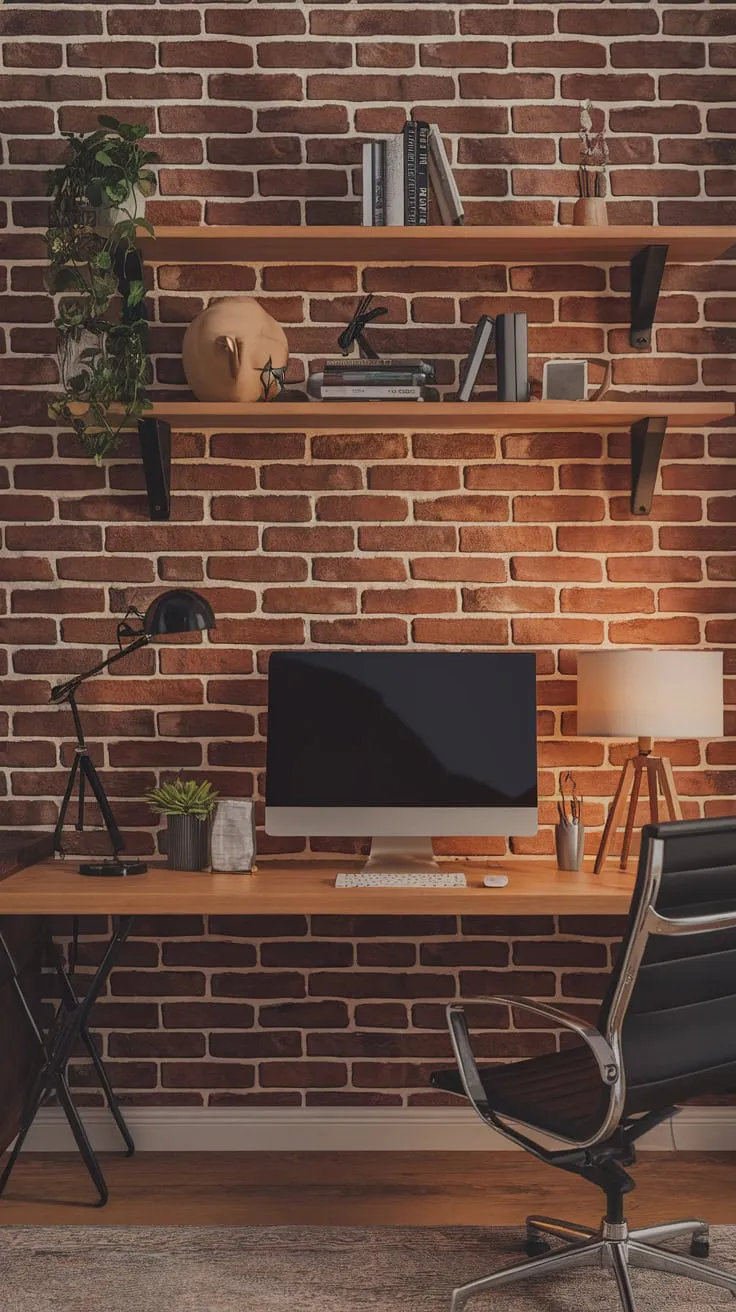 A cozy home office features a rustic brick wall backdrop accented by a wooden shelf, creating a warm and inviting workspace.