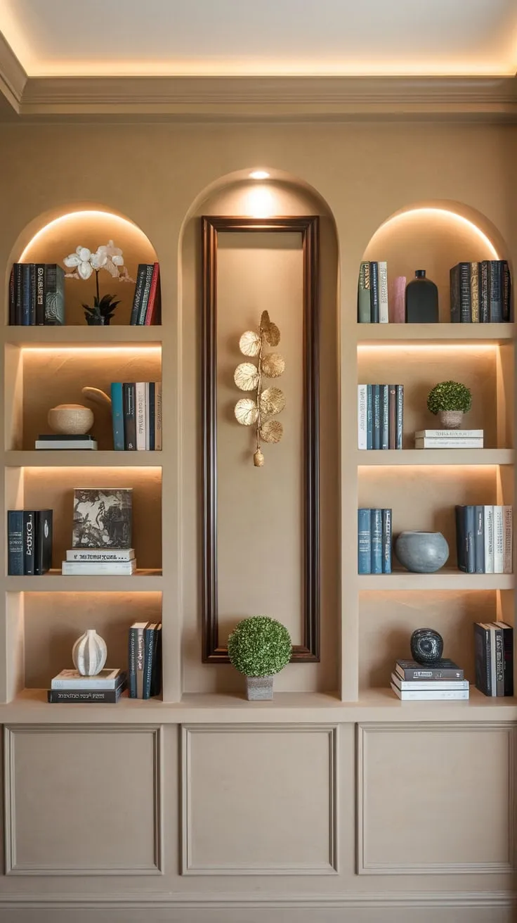A warm beige home office wall, meticulously organized with books, decor, and a statement dark wood frame, exudes professional sophistication