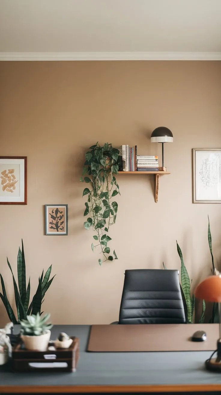 A softly lit home office features a beige backdrop subtly accented with a lamp, plant, and bookshelves, creating a professional yet inviting workspace