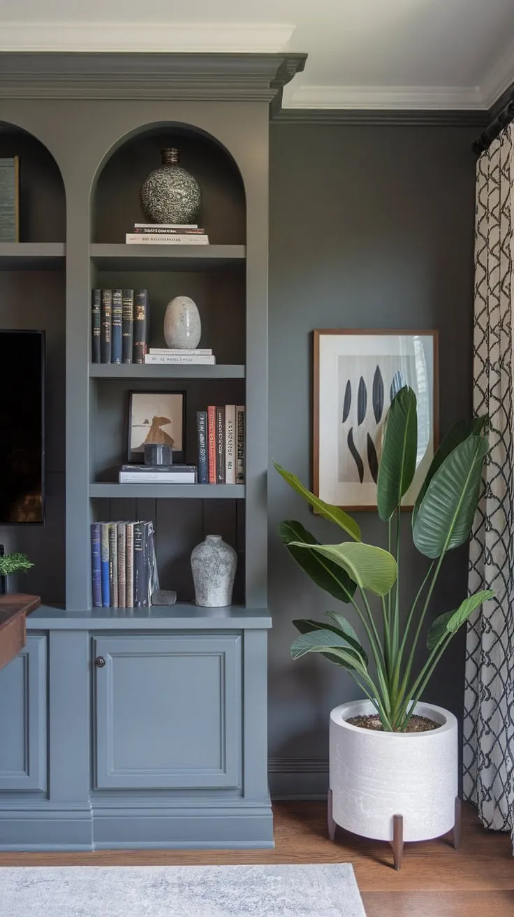 A sophisticated dark gray home office wall features a built-in bookshelf, decorative accents, a large plant, and soft lighting for a professional aesthetic
