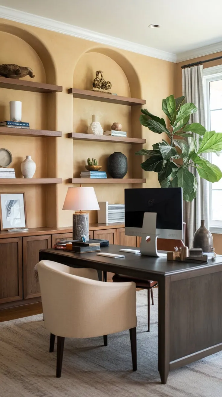 A warm beige wall, accented by wooden shelves and a thriving plant, creates a professional yet inviting home office aesthetic.