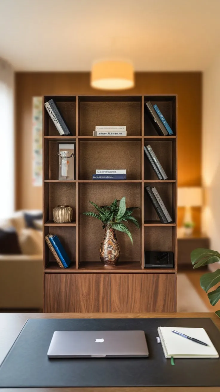 A stylish home office backdrop blends a functional wooden shelf with a cozy living room ambiance, creating a professional yet inviting workspace.