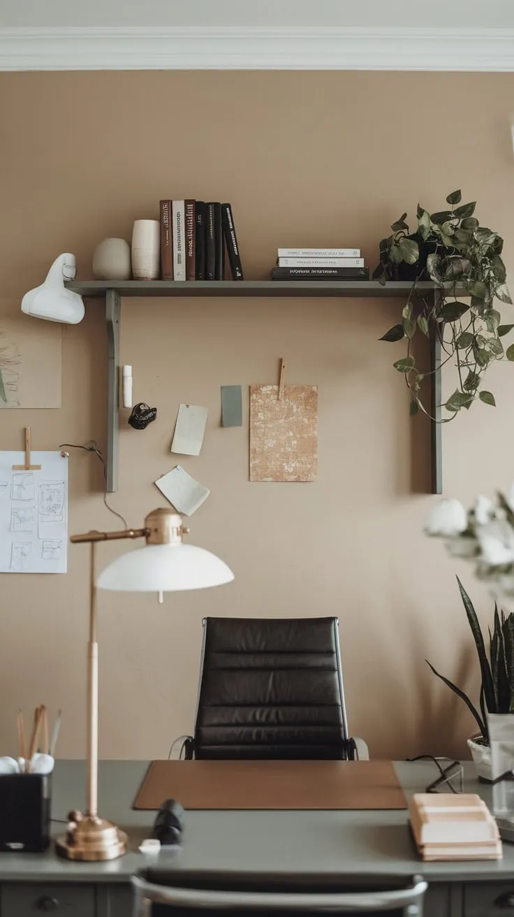A formal home office features a calming beige wall accented by minimal décor, creating a productive workspace.