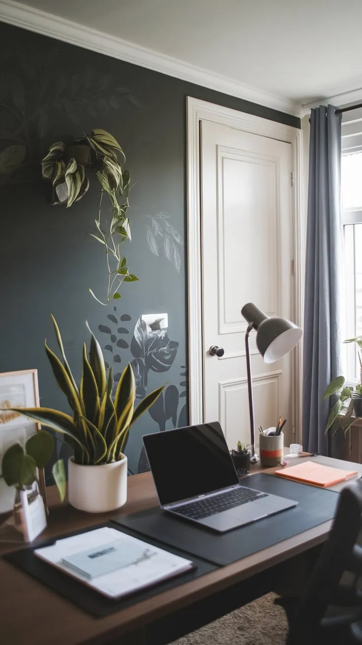 Soft lighting enhances the sophisticated aesthetic of a dark grey home office backdrop featuring minimalist white plants and essential work tools.