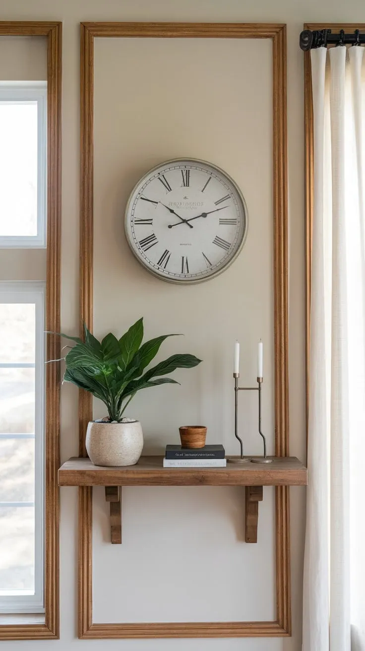 Elegant clock and potted plants accent a stylish wooden-framed home office wall backdrop, enhancing professional appeal.