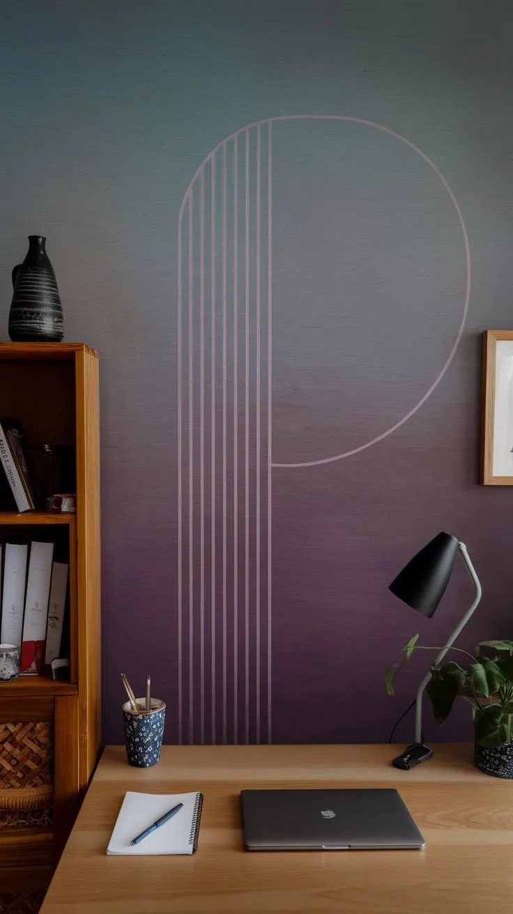 A minimalist blue and purple gradient wallpaper creates a professional yet calming home office backdrop, complemented by subtle decor.