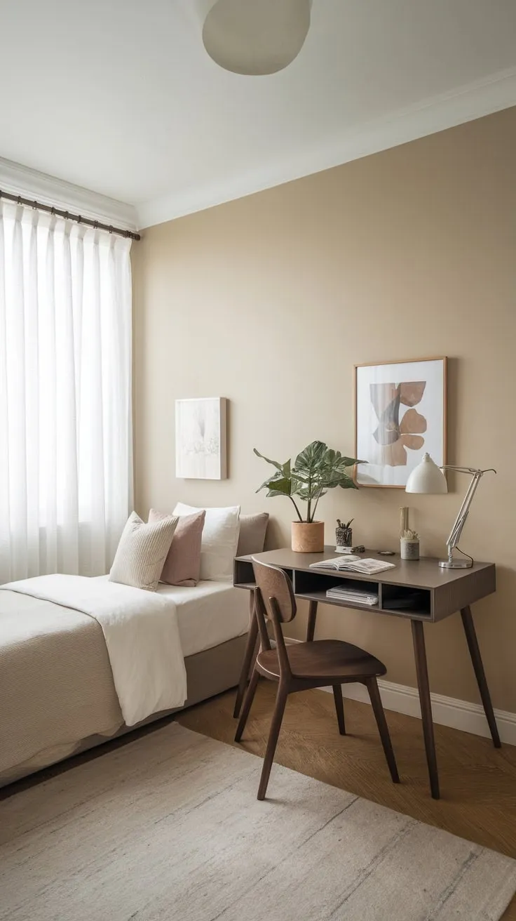 A tranquil home office bedroom combines a twin bed and small workspace in a minimalist beige and wood design.