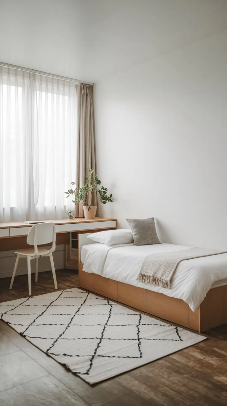 A serene minimalist guest room seamlessly blends a twin bed and workspace, perfect for overnight stays or home office needs