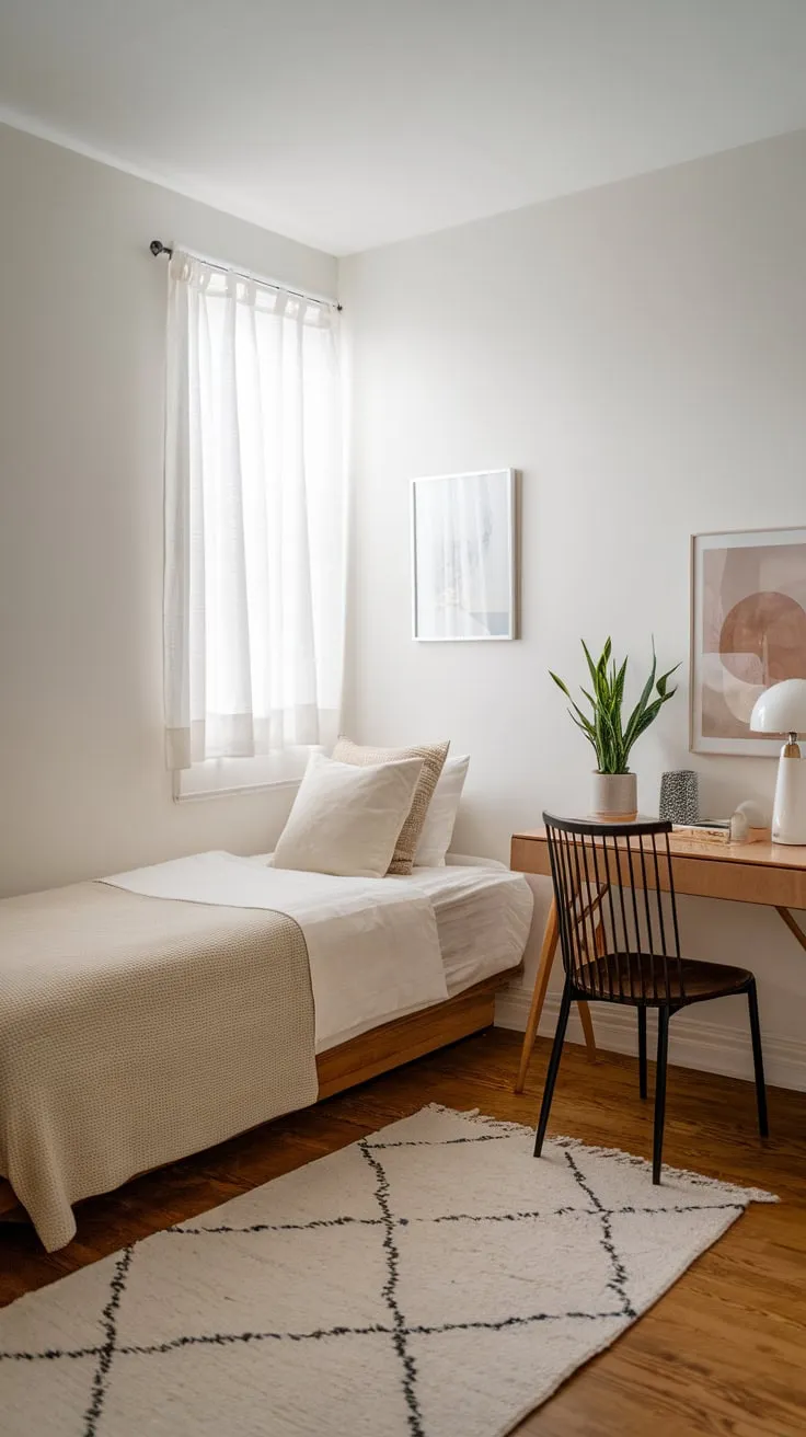 A serene minimalist guest room seamlessly blends workspace and sleeping area with a twin bed, desk, and calming white décor.
