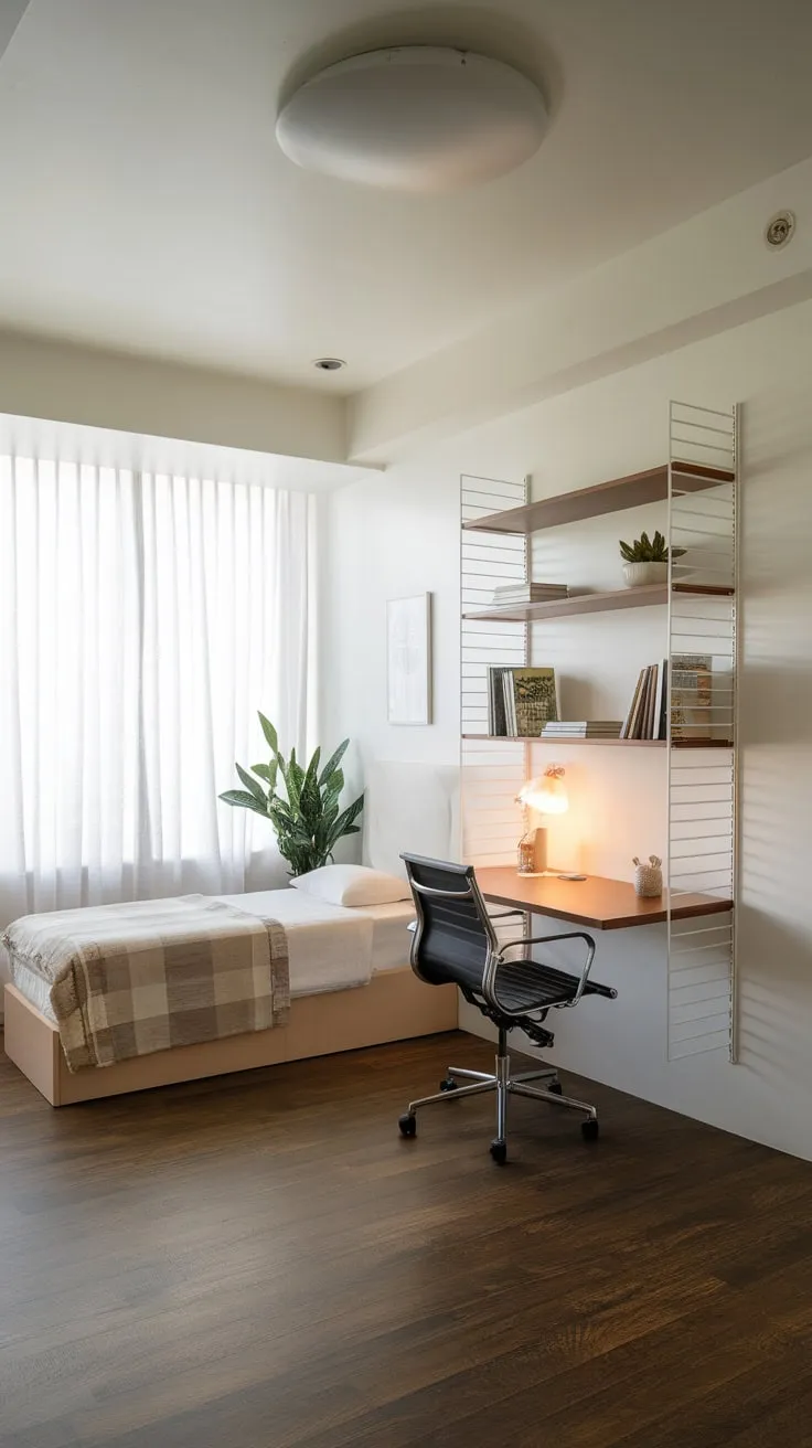 A minimalist twin bedroom seamlessly blends home office functionality with dark wood floors and calming white walls.