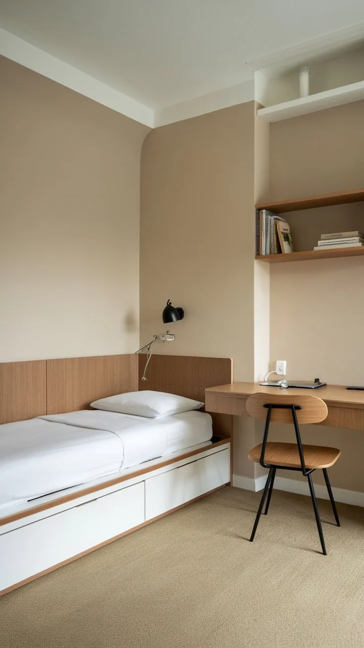 A minimalist apartment bedroom seamlessly blends a twin bed and a workspace for guests or a home office.