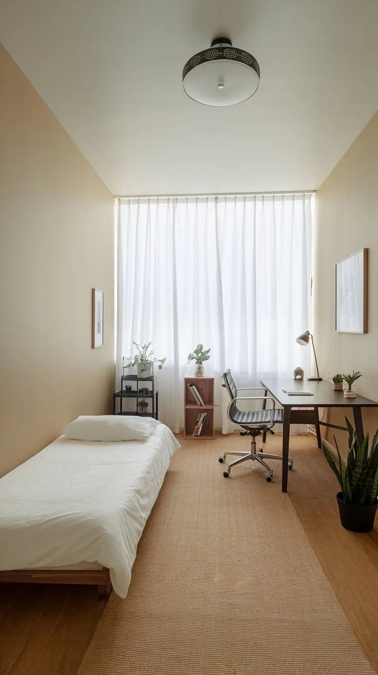 A tranquil beige and wood-floored guest room offers a twin bed and a minimalist home office area complete with desk, plant, and bookshelf near a window.