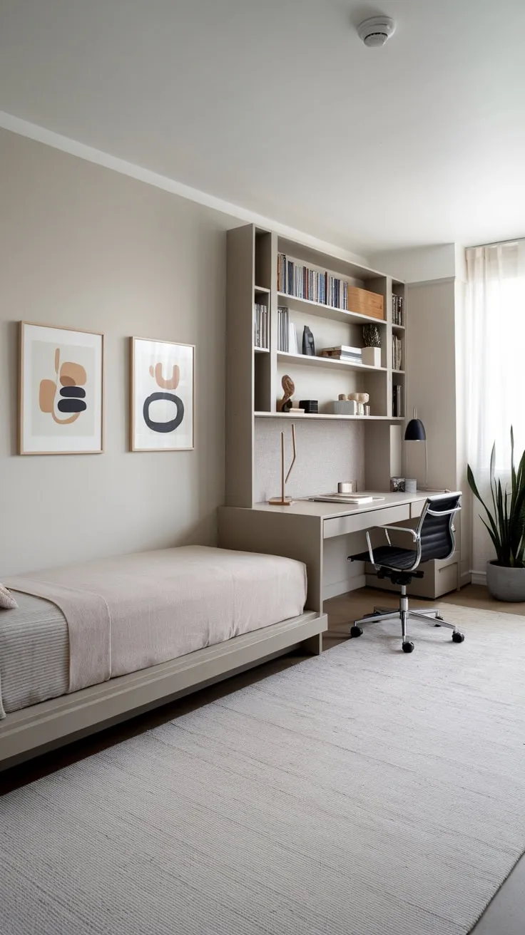 A light grey minimalist bedroom seamlessly blends a twin bed and home office setup with a desk, bookshelf, and bright lighting for a functional yet stylish guest space
