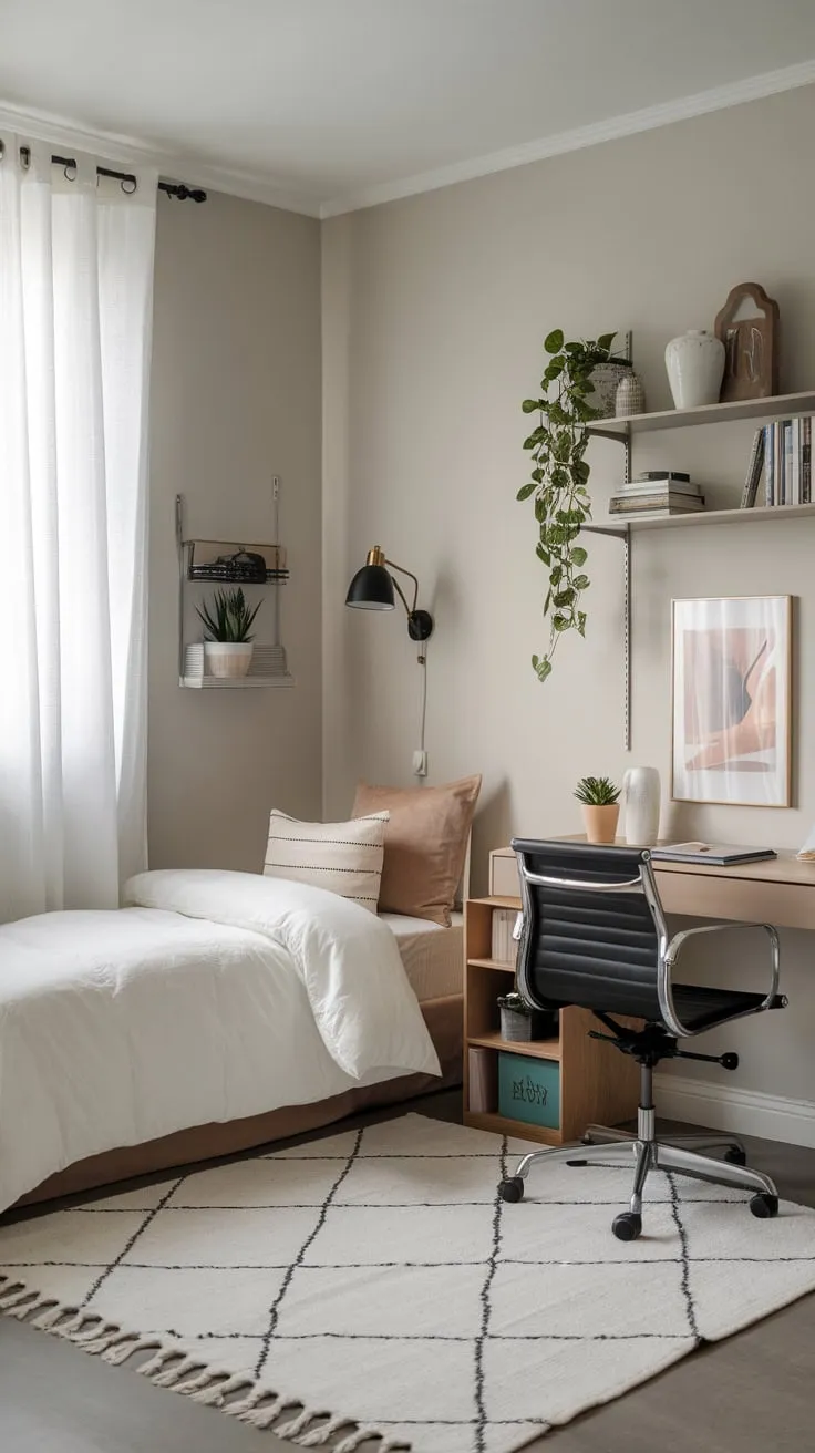 A minimalist grey-walled room seamlessly blends a twin guest bed with a functional home office, featuring a desk, bookshelf, and calming decor.
