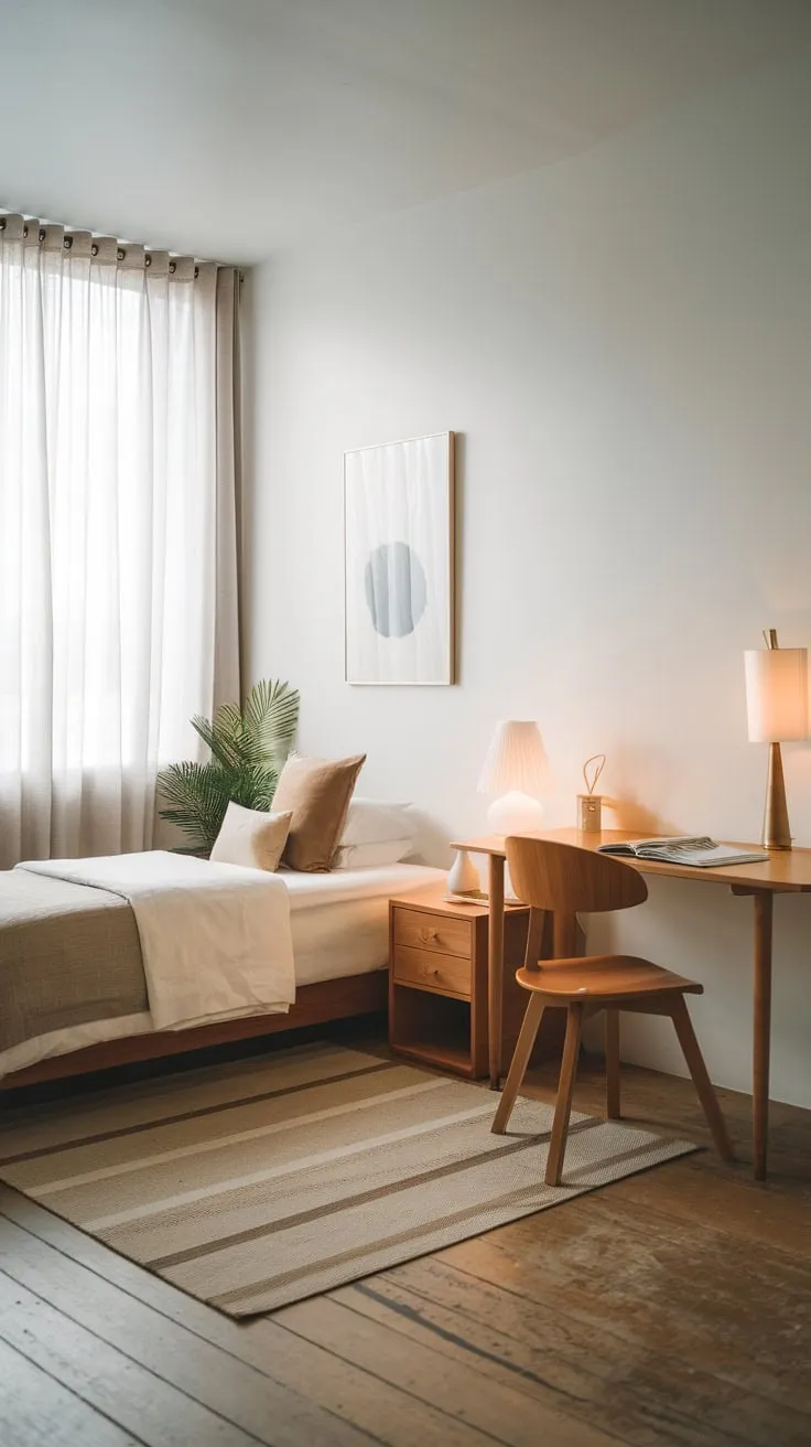 A serene minimalist guest room offers a twin bed, workspace, and natural light, perfect for a home office or bedroom.