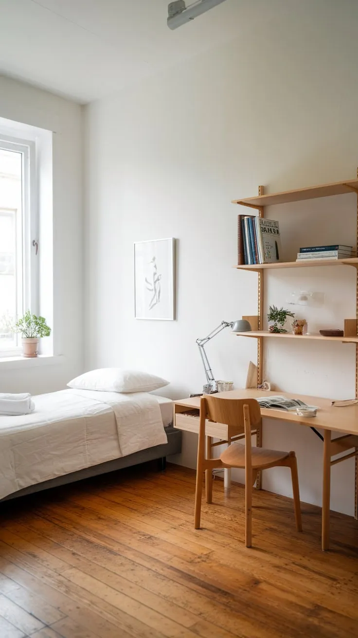 A serene white and wood guest room offers a tranquil workspace, perfect for both visitors and focused productivity.