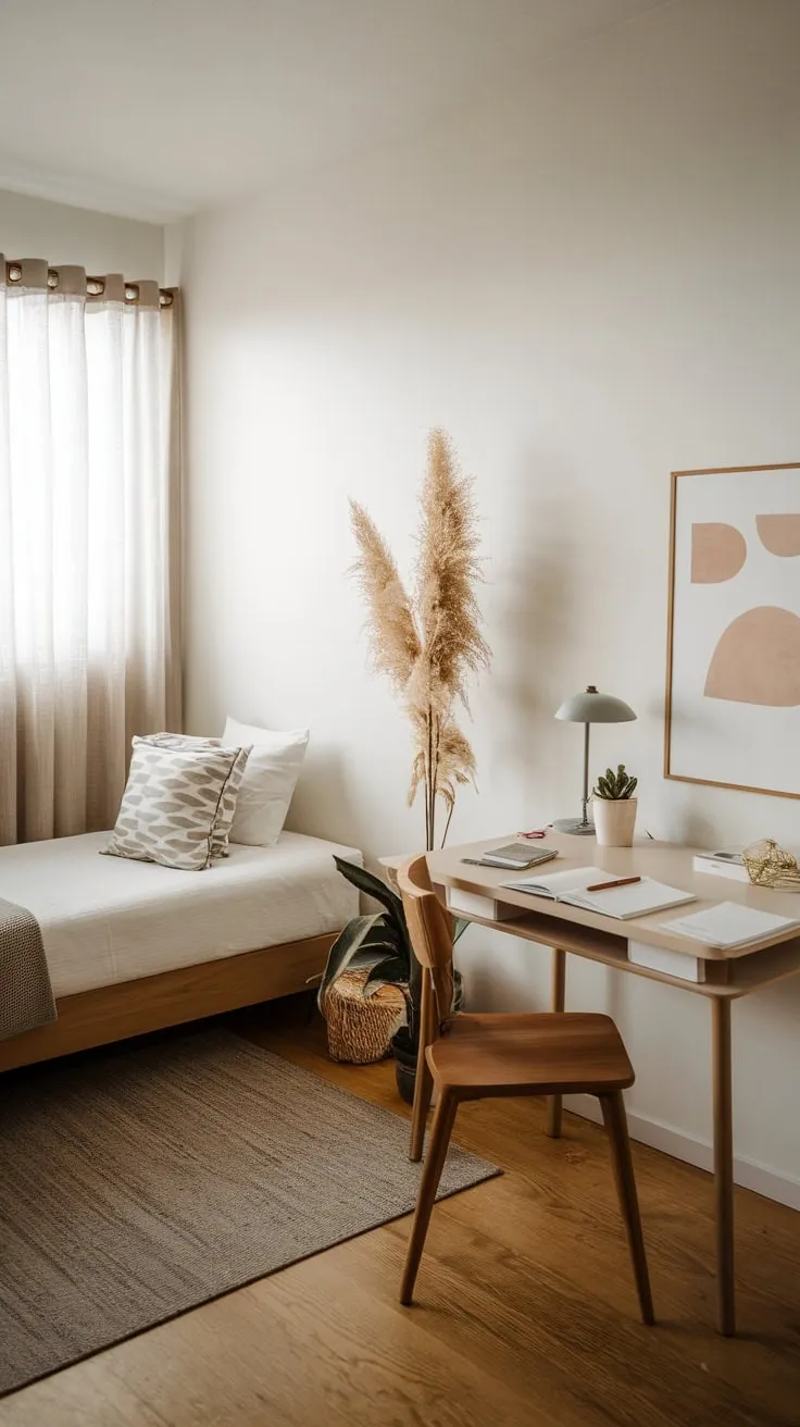 A serene white and wood guest room offers a compact workspace ideal for both visitors and remote work.