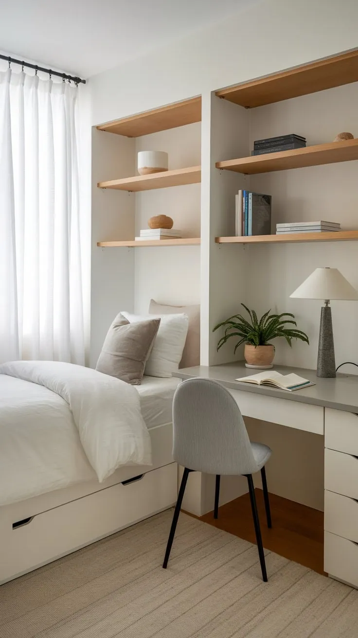A serene minimalist guest room seamlessly blends sleeping space with a functional built-in workspace, perfect for overnight guests or a home office.