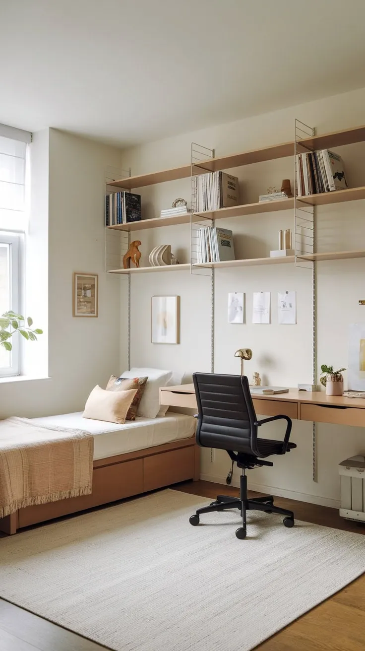 A minimalist white-walled home office bedroom combines a twin bed, desk, and bookshelf for efficient, stylish living