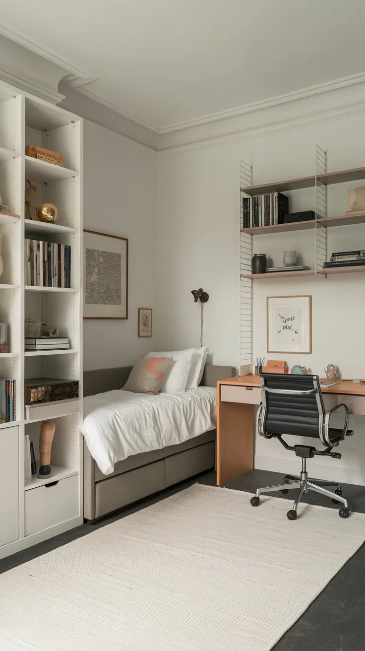 A serene white bedroom seamlessly integrates a workspace with a twin bed and minimal furnishings for a productive yet restful atmosphere