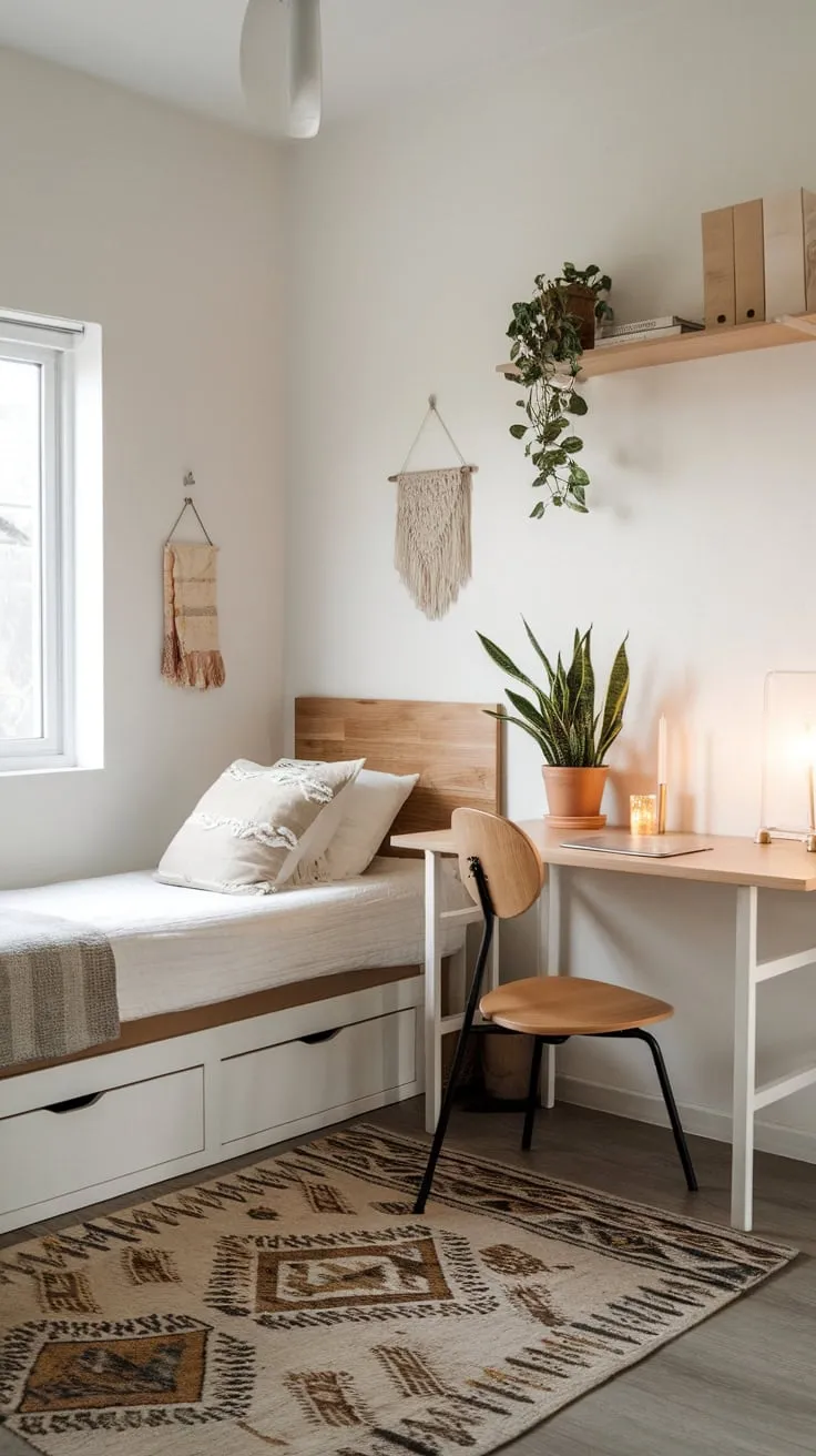 A minimalist home office bedroom seamlessly blends a twin bed with a workspace featuring a desk, plant, and simple shelving, all under a window.