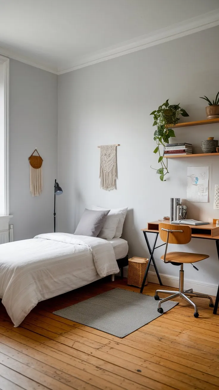 A calming grey guest room cleverly combines a twin bed and small workspace, maximizing space with minimalist style and wooden floors.