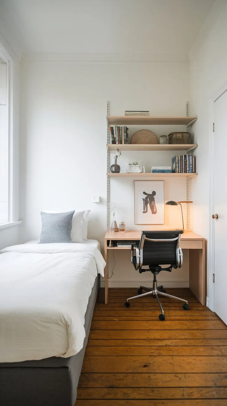 A minimalist twin bedroom seamlessly integrates a small, clean workspace ideal for guests or a home office