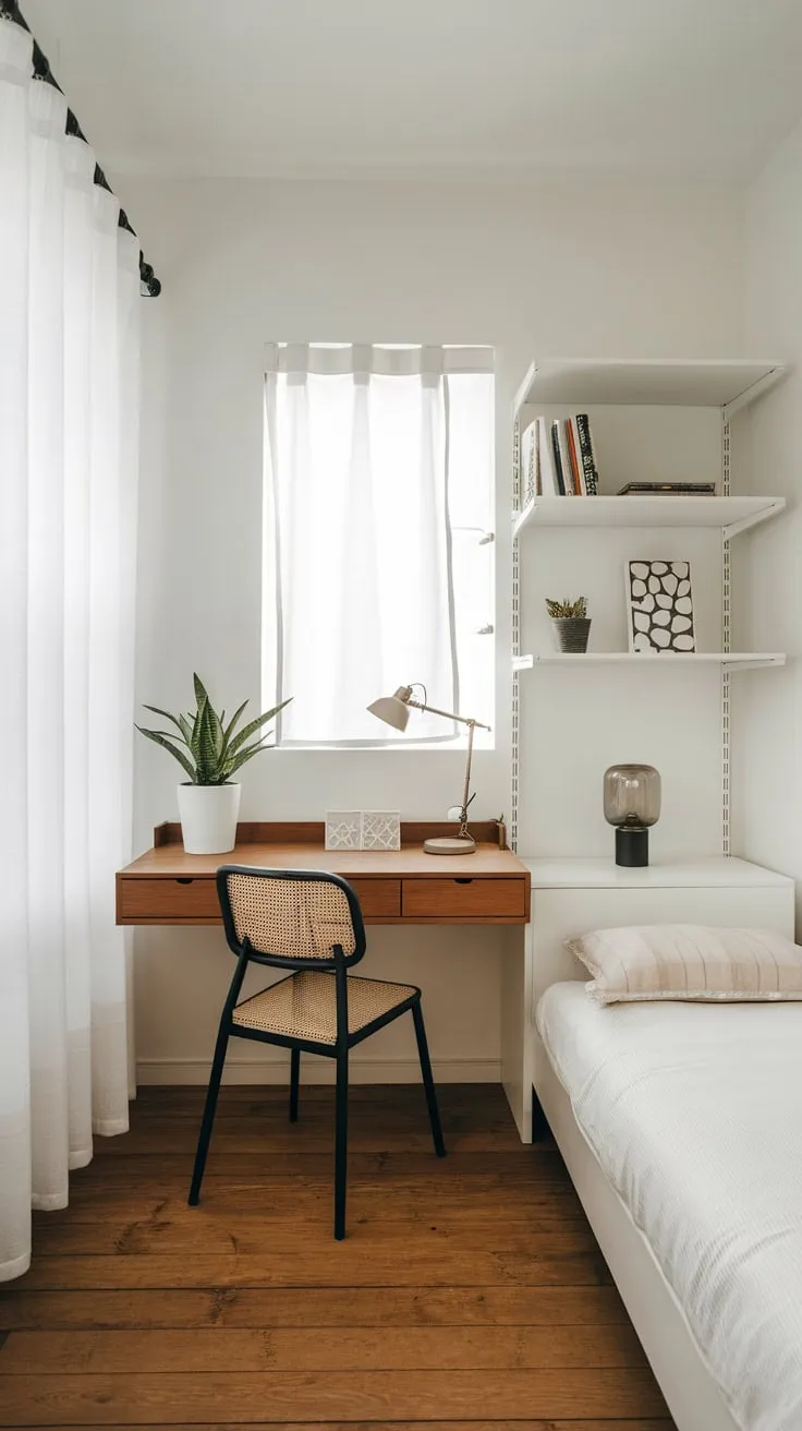 A minimalist twin bedroom seamlessly blends guest space with a home office, featuring a desk, bookshelf, and calming white decor.