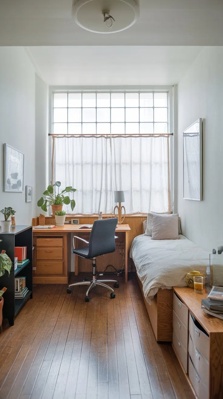 Maximize space with a functional home office bedroom featuring a desk, bookshelf, and twin bed, all bathed in natural light from a large window.