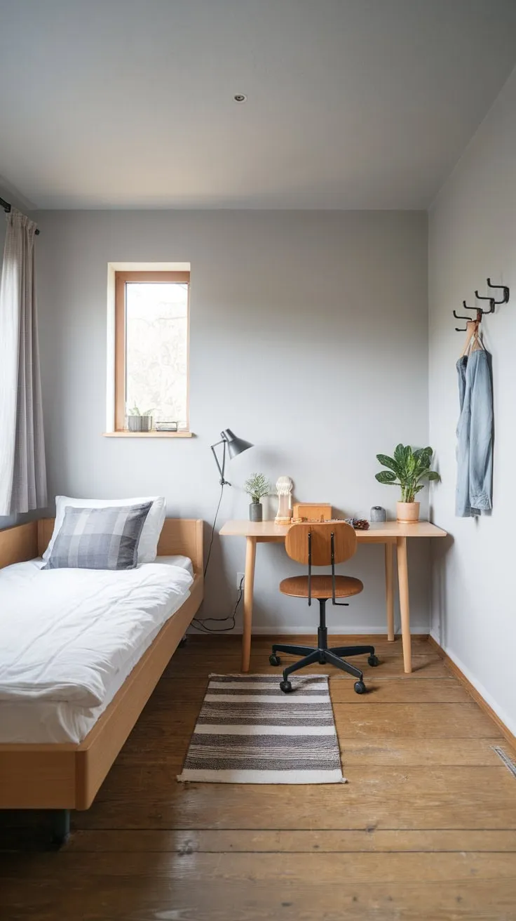 A calming light grey guest room efficiently combines a twin bed and compact workspace, maximizing space and style.