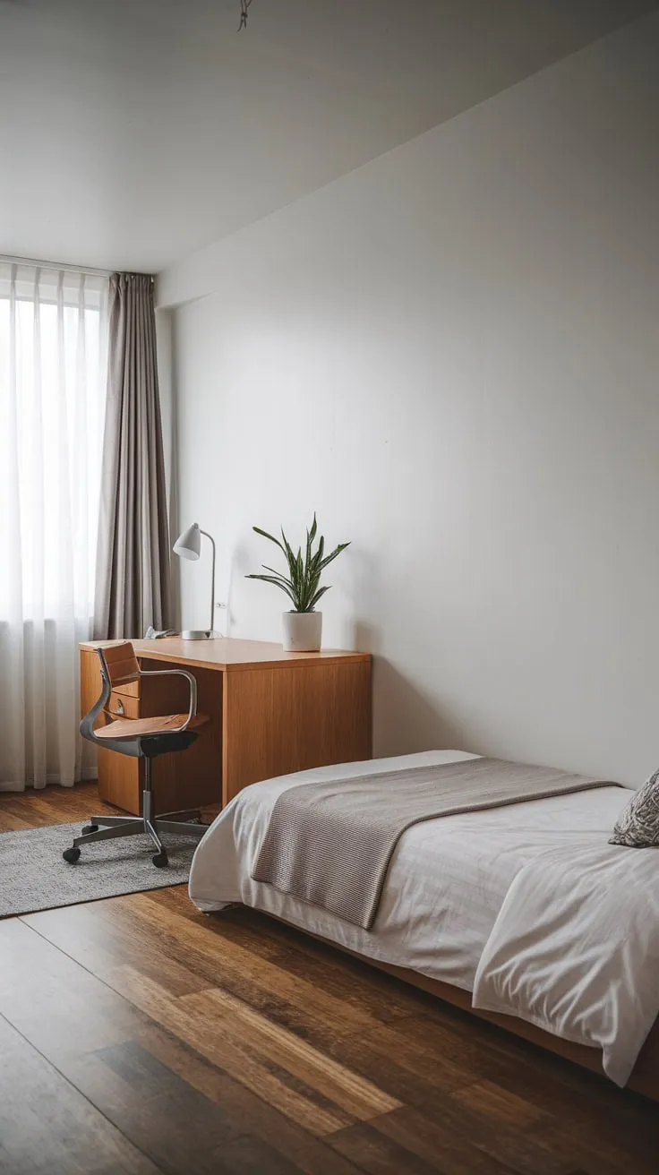 A serene guest room offers a functional home office setup featuring a twin bed and desk in a minimalist white and wood design.