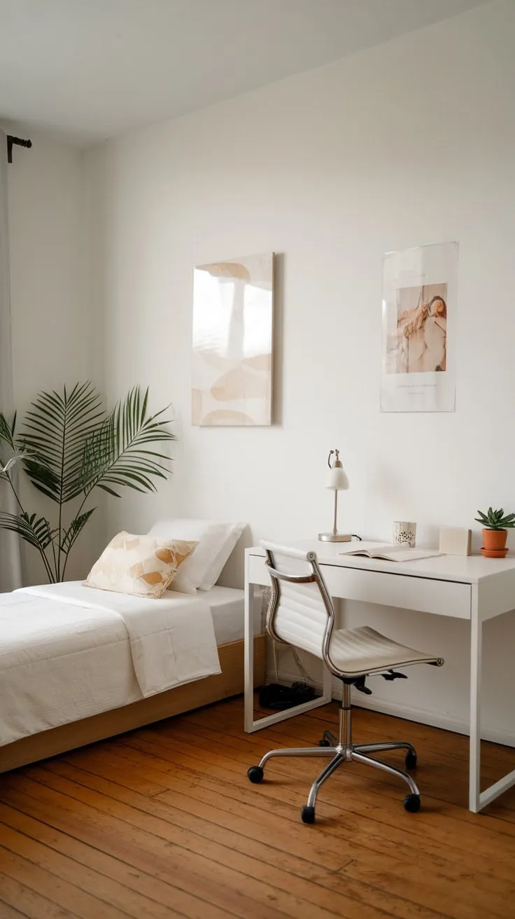 A white-walled bedroom cleverly combines a compact home office and a twin bed for a space-saving, stylish guest area.