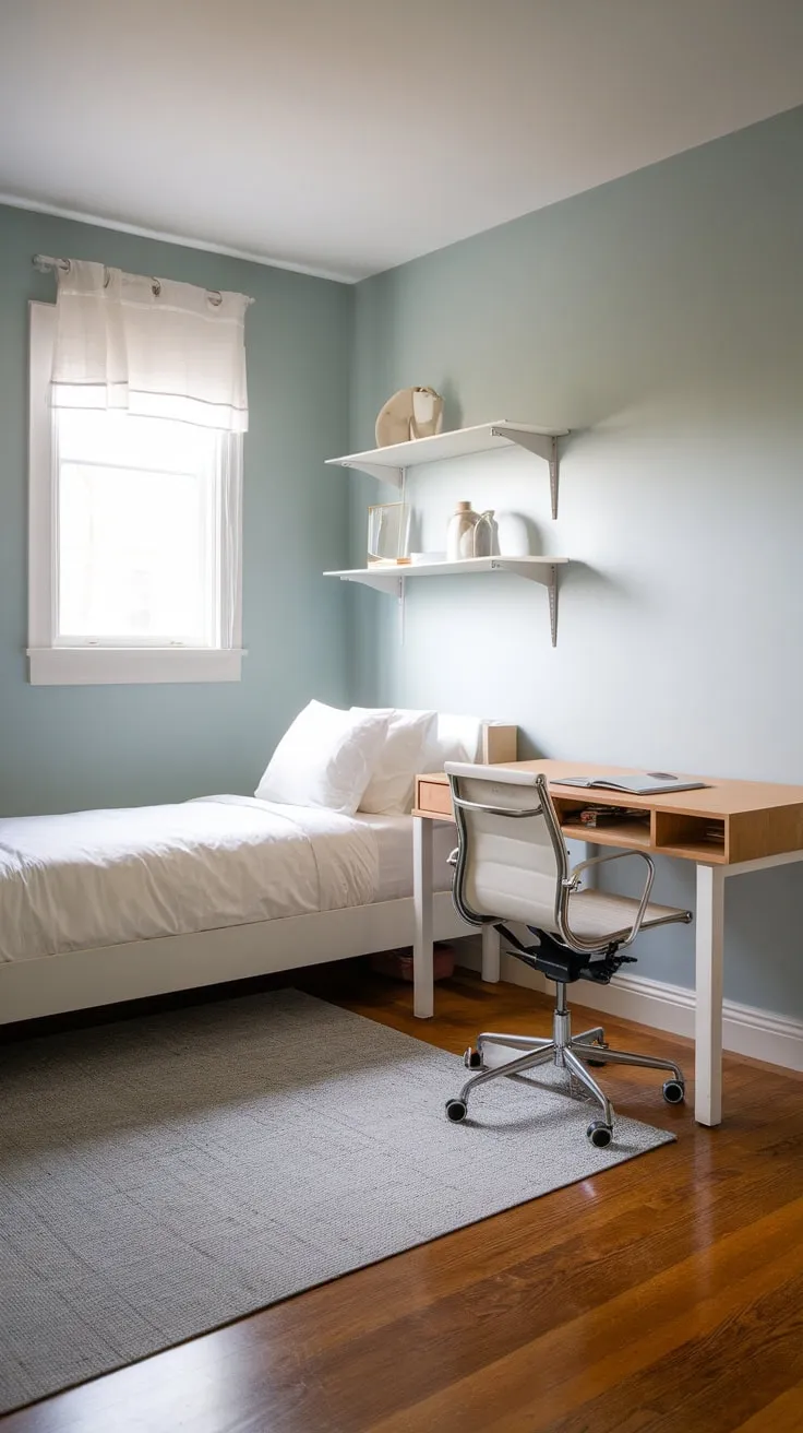 A calming guest room offers a tranquil workspace with a twin bed, minimalist white furniture, and a light blue palette perfect for relaxation and productivity.