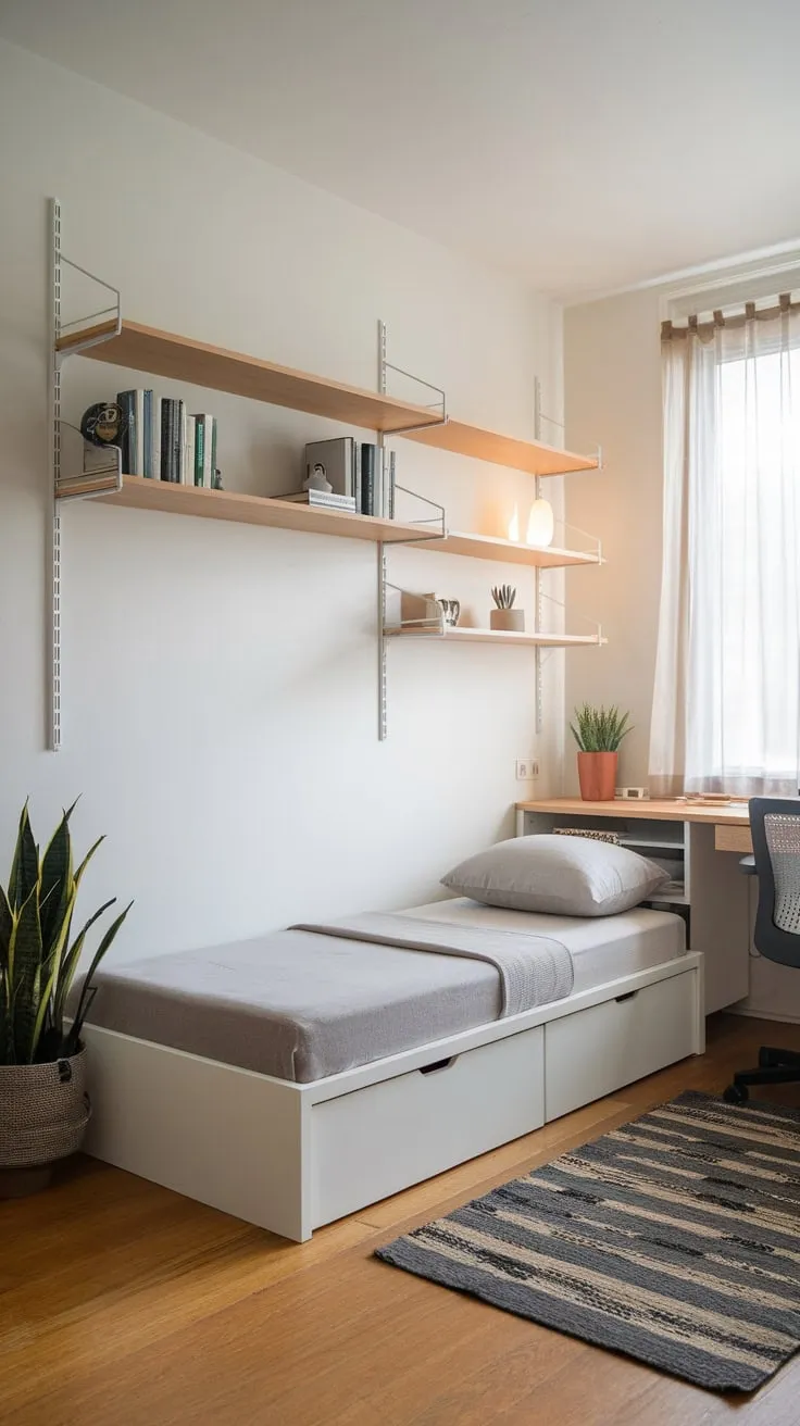 A serene minimalist bedroom seamlessly blends a twin bed and home office, creating a calming guest space with natural light and functional design