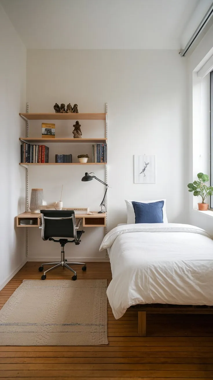 A serene minimalist bedroom seamlessly blends a twin bed and compact home office, creating a tranquil guest space.