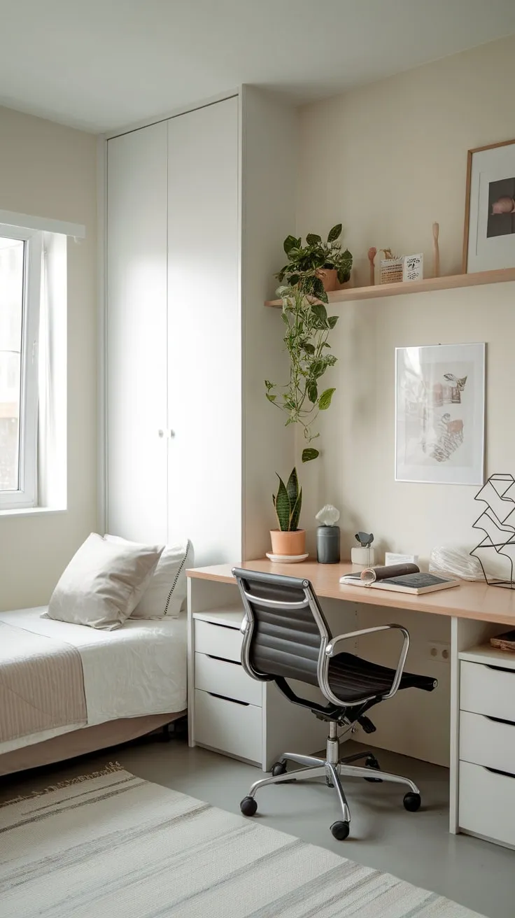 A small, functional bedroom seamlessly integrates a home office, proving that less is more in stylish apartment living.