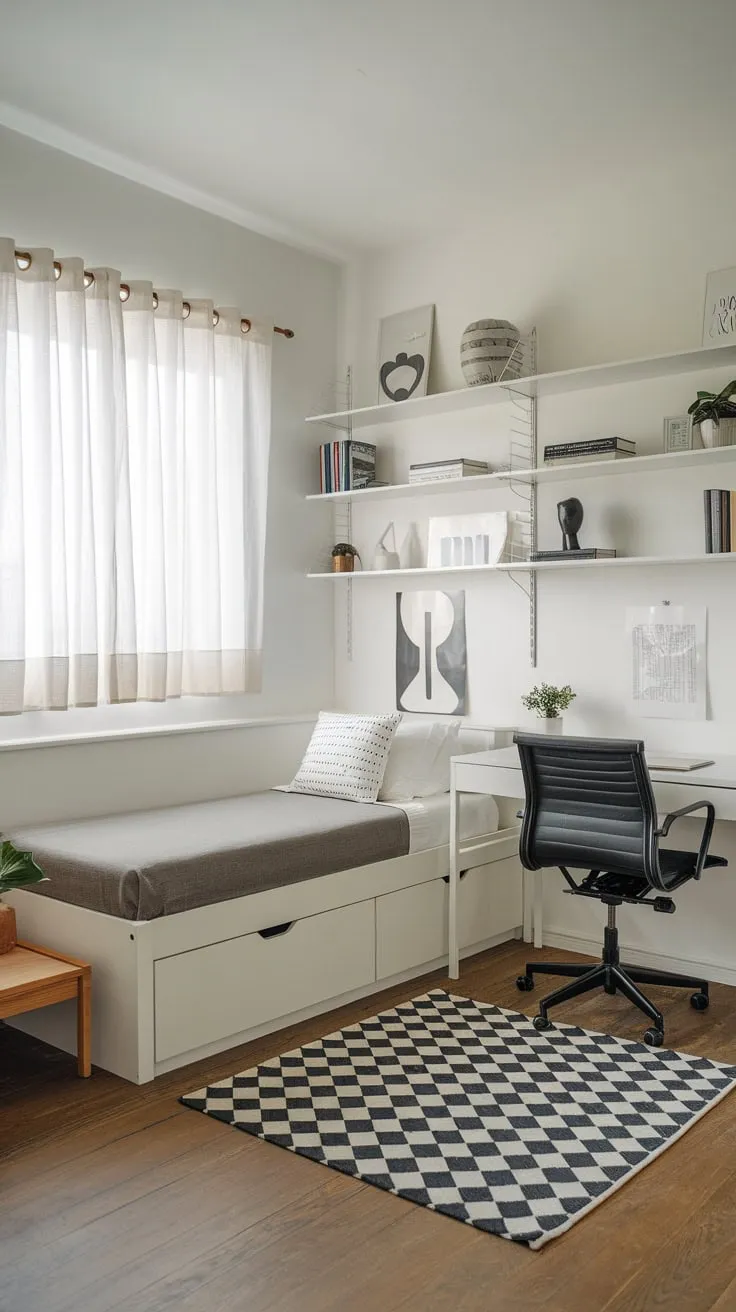 A minimalist guest room seamlessly blends a twin bed and a workspace within a bright, stylish space featuring white walls, wooden floors, and black and white accents.