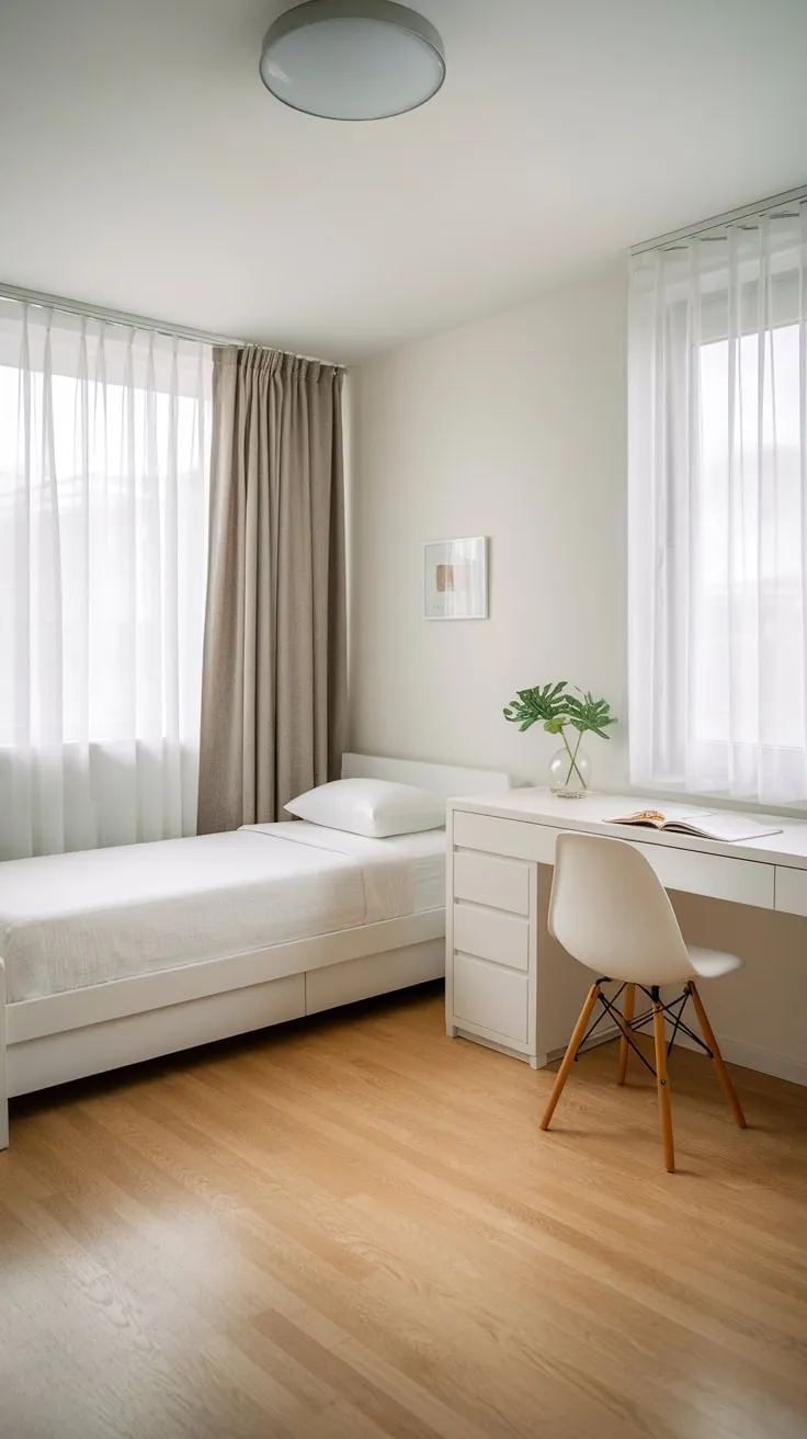 A serene minimalist home office bedroom boasts a twin bed and desk, bathed in natural light and accented by a touch of green.