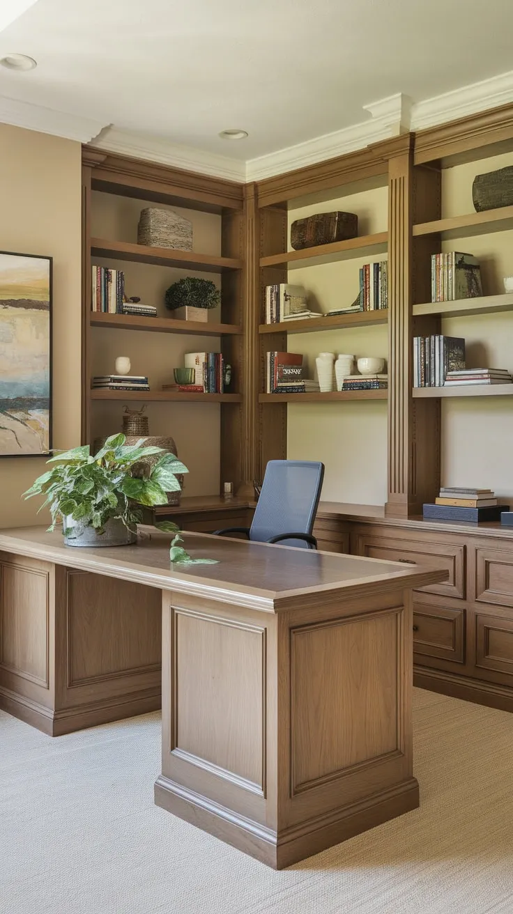 A beige-walled home office boasts a U-shaped wooden built-in desk, brimming with books, décor, and a thriving plant, complemented by overhead shelves and a comfortable chair