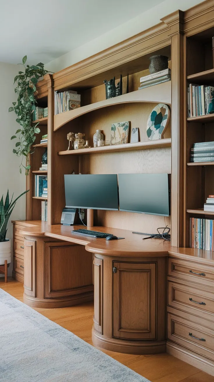 A wood built-in desk with wrap-around design and dual monitors anchors a cozy home office complete with bookshelves and a rug.