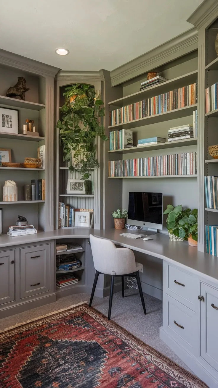 Built-in shelves and a large wrap-around desk create a cozy and functional home office haven.