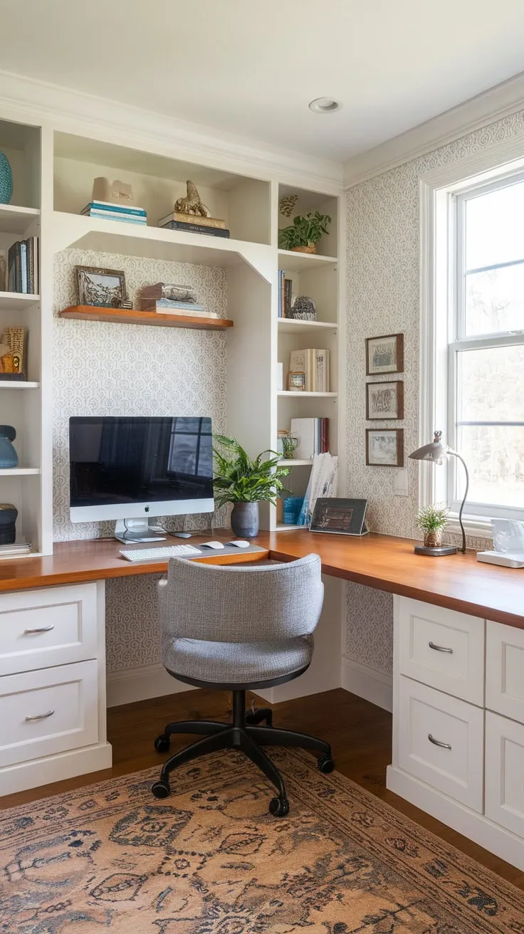 Maximize your home office space with a stunning U-shaped built-in desk featuring a wooden top, patterned wallpaper, and ample room for work and decor.