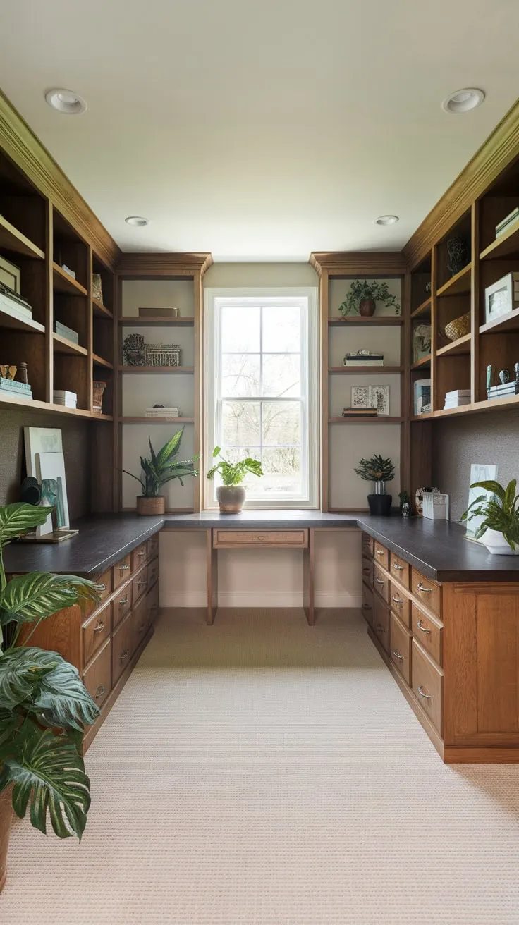 Maximize space and style with a home office featuring a built-in U-shaped desk and wood shelving, perfectly complemented by natural light.