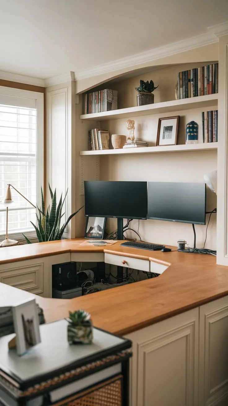 Transform your living room into a productive workspace with a stunning U-shaped built-in desk, perfectly complemented by plants and personal touches.