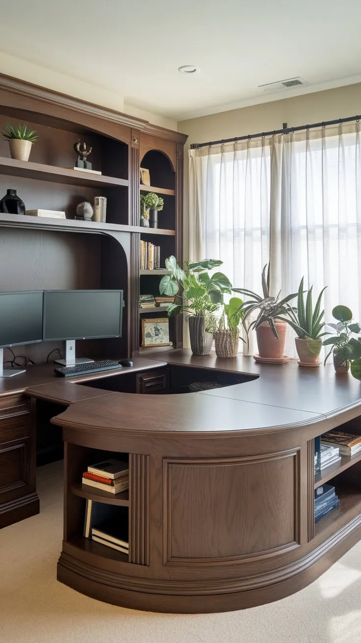 Enhance your home office with a custom-built U-shaped desk featuring ample storage and a stylish wrap-around design.