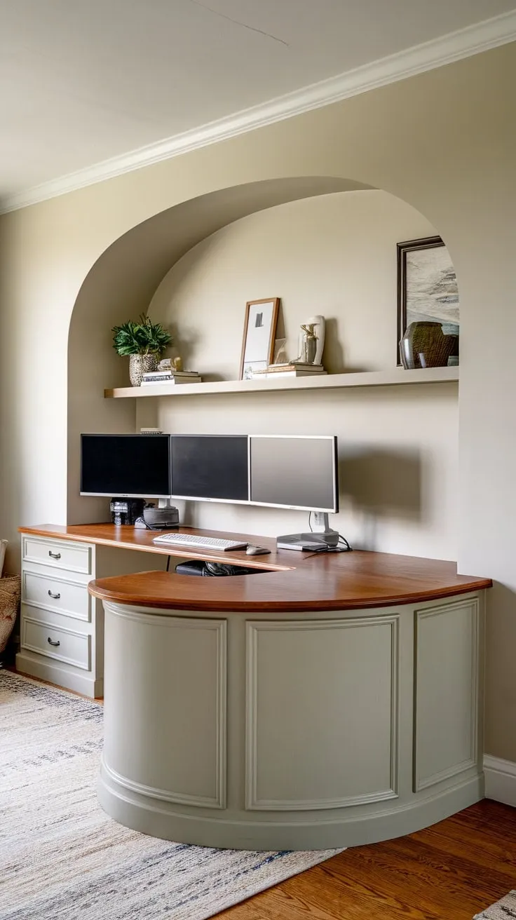 A U-shaped built-in desk seamlessly integrates a home office into the living room, maximizing space and style with soft lighting and a wrap-around design.